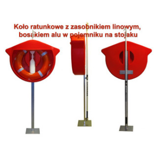 Koło ratunkowe z liną w pojemniku na stojaku
